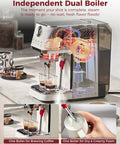 Top Shelf Dual Boiler Espresso Machine With 58 MM Commercial Brew Head And Powerful Steam Wand For Killer Crema And Easy Home Barista Shots In Classic Ivory showing dual boiler system and brewing process.
