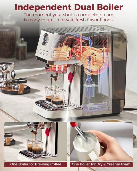 Professional Ivory Espresso Machine With 58mm Commercial Brew Group And Standalone 64mm Flat Burr Grinder showing dual boiler for coffee and steaming.