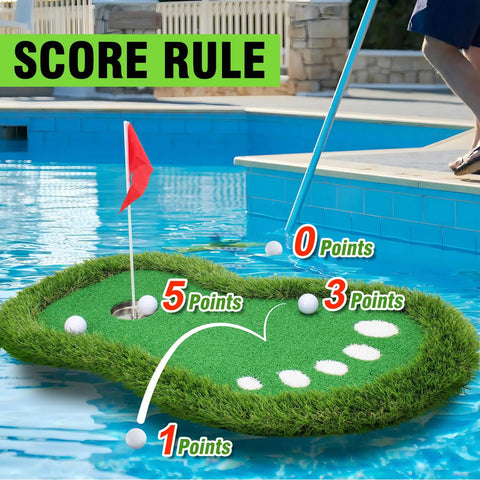 Floating Pool Golf Green Set With Realistic Grass Surface, Chipping Mat, Cup, Flag, Tee, And Five Practice Balls floating in pool