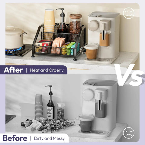 Space Saving Coffee Bar Organizer For Countertop With Tiered Shelves And Removable Top Shelf, organized kitchen counter.
