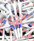 Pile of 3 1/4 Inch American Flag Plastic Golf Tees Pack Of 100 Patriotic Bulk Tees With 6 Prong Cup To Reduce Ball Contact.