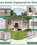 Ultimate 62 Inch Chicken Coop For 2 To 4 Chickens With Four Nesting Boxes Roosting Bars Openable Waterproof Roof Lockable Doors And Pull Out Tray Weatherproof Outdoor Fir Wood Hen House With Lockable Ladder Door Ramp Security, featuring detailed safety engineering, nesting boxes, and pull-out tray.