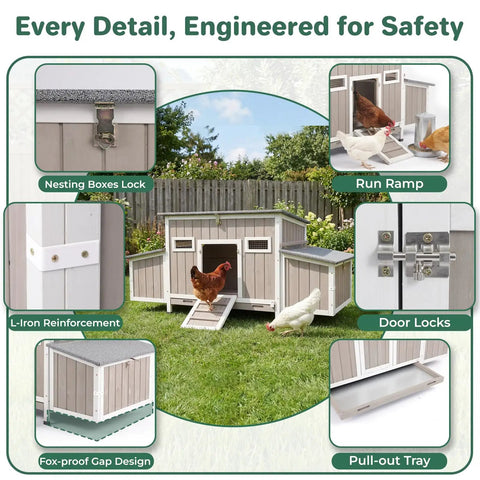 Ultimate 62 Inch Chicken Coop For 2 To 4 Chickens With Four Nesting Boxes Roosting Bars Openable Waterproof Roof Lockable Doors And Pull Out Tray Weatherproof Outdoor Fir Wood Hen House With Lockable Ladder Door Ramp Security, featuring detailed safety engineering, nesting boxes, and pull-out tray.