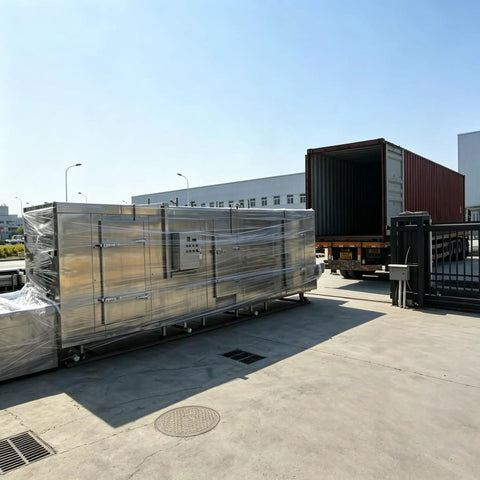 Built Tough IQF Tunnel Freezer With Integrated Conveyor Belt For Lightning Fast Blast Chilling Of Meat Seafood And Produce On Busy Production Lines, packaged for shipping.
