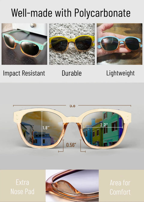 Trendy Cream Colorblock Polarized Sunglasses For Women Featuring Retro Square Frames And UV400 Mirrored Lenses That Totally Hit Different On Any Streetwear Fit with dimensions.