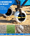 All Terrain Beach Wagon With Big 9 Inch Solid PU Wheels For Sand And Grass showing wheel rotation and terrain icons.