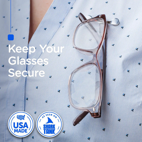 Magnetic Glasses Holder Pins For Shirts Retractable Eyeglass Magnets Metal Black 3 Pack Eyewear Magnets For Women And Men Name Badge Holder Keeps Your Specs Safe On The Go No Slip securing glasses on a blue shirt with USA and Shark Tank logos visible.