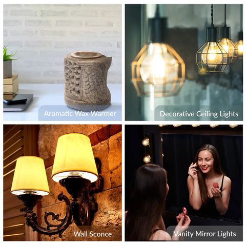 Collage of an aromatic wax warmer, decorative ceiling lights, wall sconces, and a woman using vanity mirror lights.
