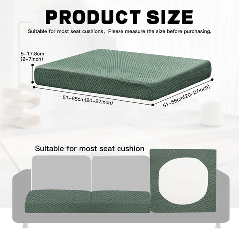 Product size details for eight piece outdoor cushion covers for patio sofas and cushions, matcha green, thick jacquard twill