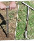 Heavy Duty 304 Stainless Steel Soil Sampler Probe With Anti Slip T Handle for Lawn and Garden Sampling, shown in use and side view.