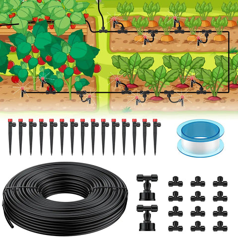 50 Foot Drip Irrigation Kit For Home Garden Watering System With Quarter Inch Tubing, quick connect emitters and adjustable sprinklers