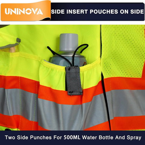 Close-up of ANSI class 2 surveyor safety vest with reflective strips, side pocket holding water bottle, detail view