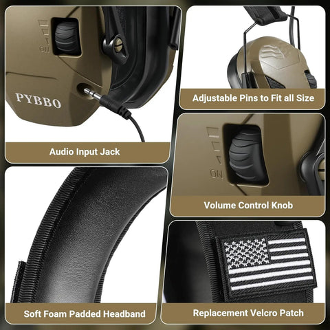 NRR 23dB Shooting Earmuffs With Gel Ear Pads showing audio input jack, volume control, adjustable pins, and padded headband