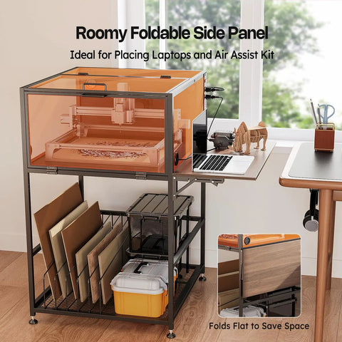 Laser Engraver Enclosure Cabinet With Exhaust And Ventilation Fan in use, side view showing foldable panel and storage space.