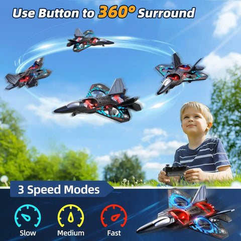 Foam RC Airplane For Kids And Adults flying with colorful lights, performing three sixty degree flips in a clear blue sky.