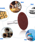 Diagram showing uses of 150 Piece 2 Inch Die Grinder Sanding Disc Set With 36 60 80 Grits for various materials.