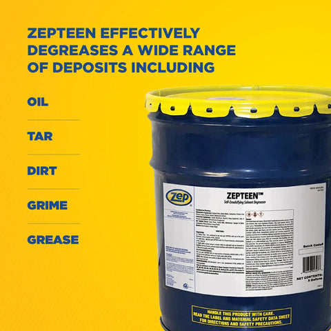 Front view of 5-gallon container of Self Emulsifying Solvent Degreaser For Heavy Grease And Grime Cleanup on yellow background.