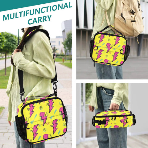 Lightning Bolt Insulated Lunch Bag Yellow Portable Cooler With Shoulder Straps For Office Travel School And Everyday Meals All Day Durable Polyester Large Main Compartment Plus Side Mesh Pockets Keeps Meals Fresh, worn crossbody
