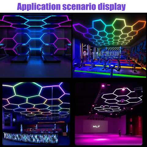 RGB Hexagon Ceiling Light Fixture 15 Pack displayed in gym and event venues with vibrant color modes and smart app control