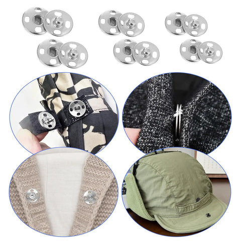60 Sets Sew On Snap Buttons Kit DIY Friendly With 12mm 14mm And 16mm Metal Snaps for clothing, crafts, and bags displayed.