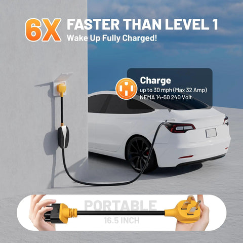 Upgrade Your Sweet Electric Ride With This Heavy Duty Nema 14 50 Adapter For Tesla Gen 2 And 3 Mobile Charger 32 Amp 250 Volt image showing portable 16.5 inch charging cable.