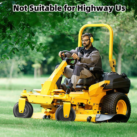 Person operating a yellow zero-turn mower on grass, using Flat Free 13x5.00-6 Tire And Wheel Set For Zero Turn Mowers