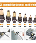 All In One 7 Piece Manual Rivet Gun Set M3 To M12 Built To Last, various sizes displayed with use in metal joining