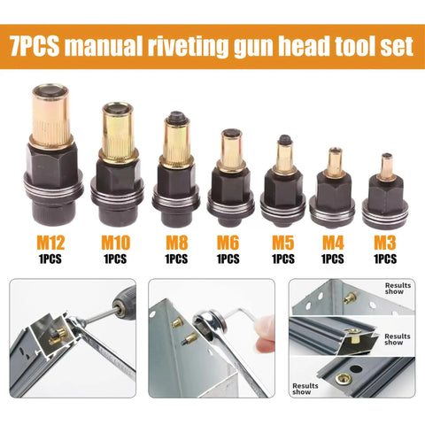 All In One 7 Piece Manual Rivet Gun Set M3 To M12 Built To Last, various sizes displayed with use in metal joining