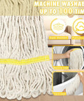Heavy Duty Cotton Mop With 59 Inch Handle For Industrial And Home Floors, Looped End Wet Mop Head For Garage, Workshop, Office And Warehouse Cleaning, showing cotton strands and washable feature.