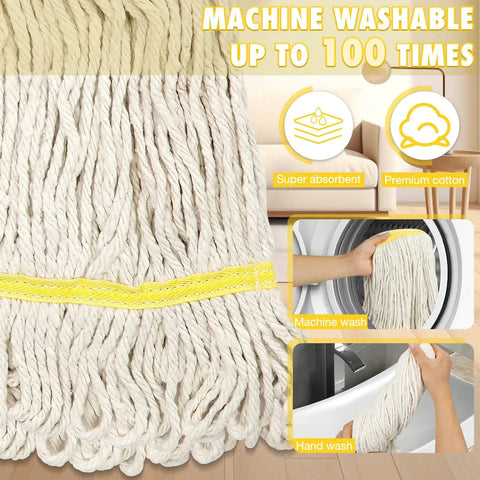 Heavy Duty Cotton Mop With 59 Inch Handle For Industrial And Home Floors, Looped End Wet Mop Head For Garage, Workshop, Office And Warehouse Cleaning, showing cotton strands and washable feature.