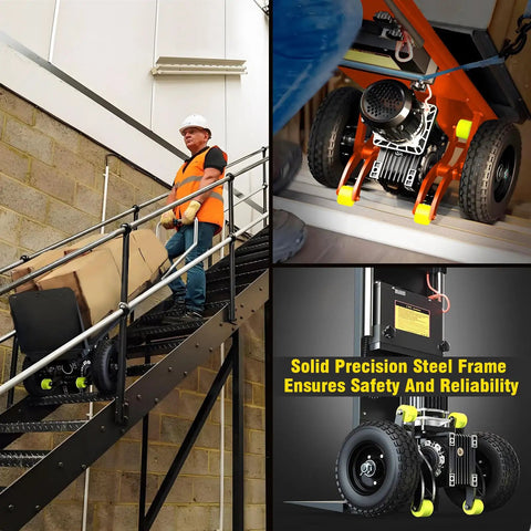 Heavy Duty Electric Stair Climbing Dolly Moves Loads With Ease Effortless Up Down Stairs Motorized Hand Truck Cart 880 lbs Capacity in use on stairs.