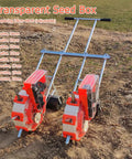 Double Row Hand Push Garden Seeder With Nine Openings on soil, adjustable row spacing, transparent seed box visible