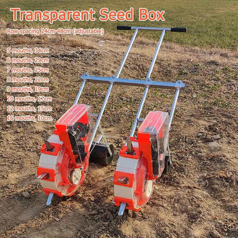 Double Row Hand Push Garden Seeder With Nine Openings on soil, adjustable row spacing, transparent seed box visible