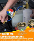R134A Car AC Refrigerant Charge Hose Kit With Gauge And Built In Safety Valve, Piercing Type Can Tap Only, Half Inch Thread, Pro Grade AC Recharge Measuring Tool For R134A Systems And Pressure Check being used on a car.