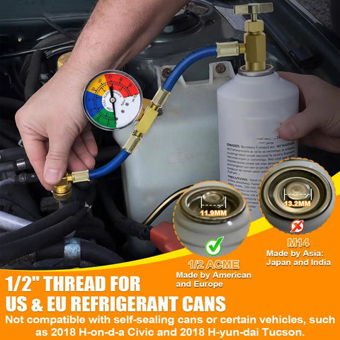 R134A Car AC Refrigerant Charge Hose Kit With Gauge And Built In Safety Valve, Piercing Type Can Tap Only, Half Inch Thread, Pro Grade AC Recharge Measuring Tool For R134A Systems And Pressure Check being used on a car.