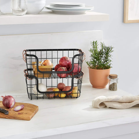 Real Deal Stackable Metal Wire Storage Baskets With Rose Gold Handles Keep Your Whole Place Sparkling Stands Rock Solid On Countertops And Pantry Cabinets Set Of Two Black