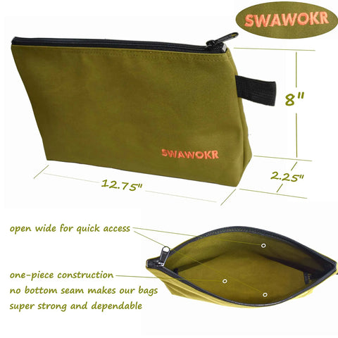 Five Pack 20 Oz Heavy Duty Canvas Tool Zipper Bags for Gear Storage, Water Resistant Multi Purpose Organizer Pouches With YKK Zippers, 12.75 x 8 x 2.25 Inches, Durable Utility Bags for Tools, Hardware, and More shown with open interior.