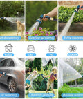 KETTOYA 100 ft non-expanding garden hose with blue spray nozzle; shows pet showering, watering, car and house washing.