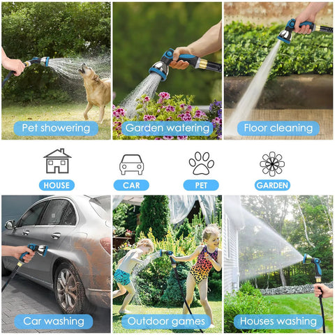 KETTOYA 100 ft non-expanding garden hose with blue spray nozzle; shows pet showering, watering, car and house washing.