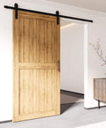Rustic Black Sliding Barn Door Hardware Kit With 4 And A Half Foot Flat Track Non-Bypass Roller System Heavy-Duty Build installed indoors
