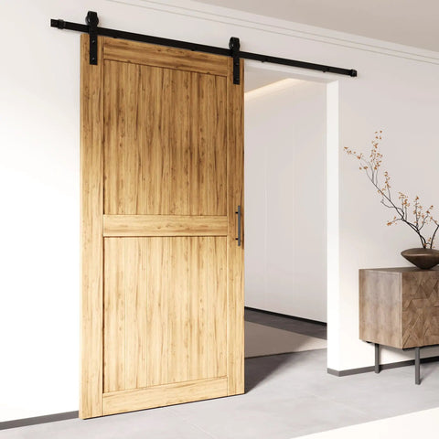 Black Rustic Sliding Barn Door Hardware Kit For One Door Beefy Non Bypass 6.6 Foot Flat Track With Heavy Duty Nylon Rollers Classic Design