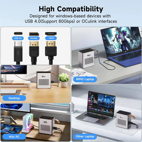 Next Level External GPU Docking Station Leveling Up Your Gaming Laptop Featuring AMD Radeon RX 7600M XT 8GB GDDR6 connected to various devices.