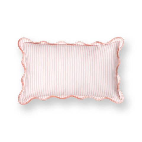 Chill Coastal Patio Lumbar Pillow Cover 12x20 Inches Water Repellent Indoor Outdoor Blush Pink Stripes With Scalloped Edge Hidden Zipper