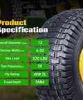 Two Pack 15x6.00-6 Tubeless Front Tire And Wheel Set For John Deere Riding Mowers With 3/4 In Bearings And 5/8 In Extras, 3 In Offset Hub, 4-Ply Heavy-Duty, Fits 100 And 300 Series. Front tire spec image showing 15x6.00, 4PR TL, 570 lbs load