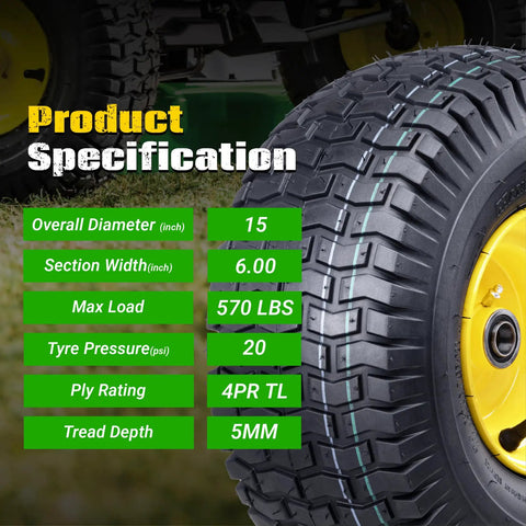 Two Pack 15x6.00-6 Tubeless Front Tire And Wheel Set For John Deere Riding Mowers With 3/4 In Bearings And 5/8 In Extras, 3 In Offset Hub, 4-Ply Heavy-Duty, Fits 100 And 300 Series. Front tire spec image showing 15x6.00, 4PR TL, 570 lbs load