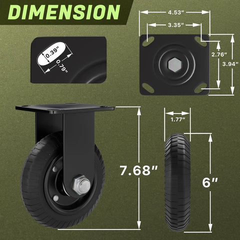 Dimensions of Beefy 6 Inch Caster Wheels Set Of 2 With Solid Rubber 850Lb Heavy Duty Plate Casters Double Ball Bearing Knobby Tread