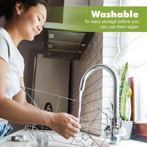 Woman washing Chafing Wire Rack Buffet Stand 12 Pack Full Size Racks in kitchen for easy handling