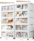 Heavy Duty 40 Gallon Storage Bins With Lids 10 Pack Foldable Stackable Totes Rolling Cubes clear front panels organized on shelves.