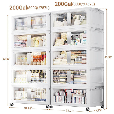 Heavy Duty 40 Gallon Storage Bins With Lids 10 Pack Foldable Stackable Totes Rolling Cubes clear front panels organized on shelves.