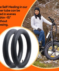2 Pack Self Sealing Fat E Bike Tubes 20 By 4 Inch Puncture Resistant Inner Tubes With 32mm Schrader Valve next to mountain biker